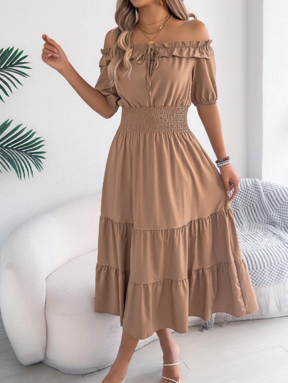 Tan Smocked Off-Shoulder Tiered Dress - Picture 4 of 8